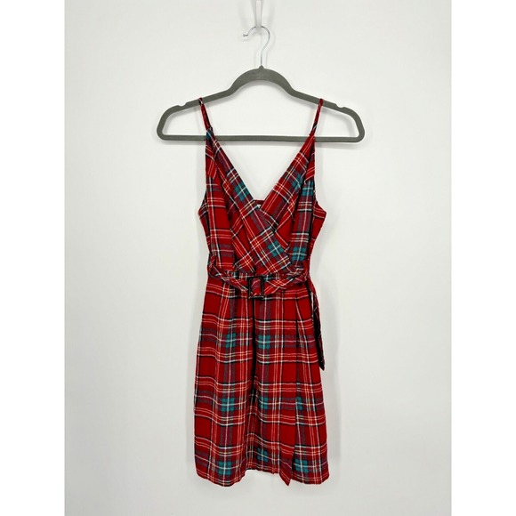 Urban Outfitters Dress Womens XS Red Plaid Sleeveless Mini Belted New - Picture 3 of 13